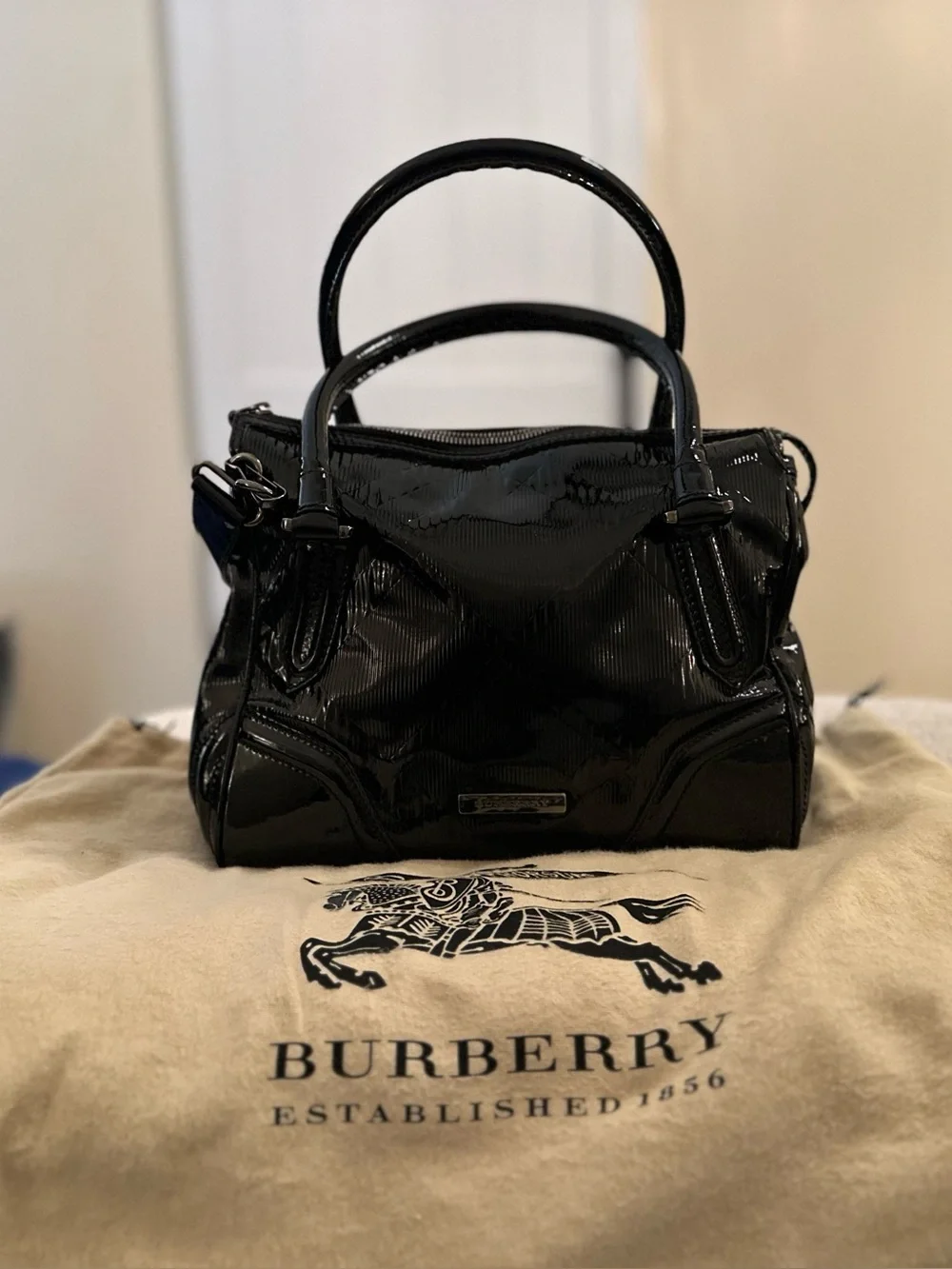 Vintage Burberry Embossed Black Patent Bowling Bag